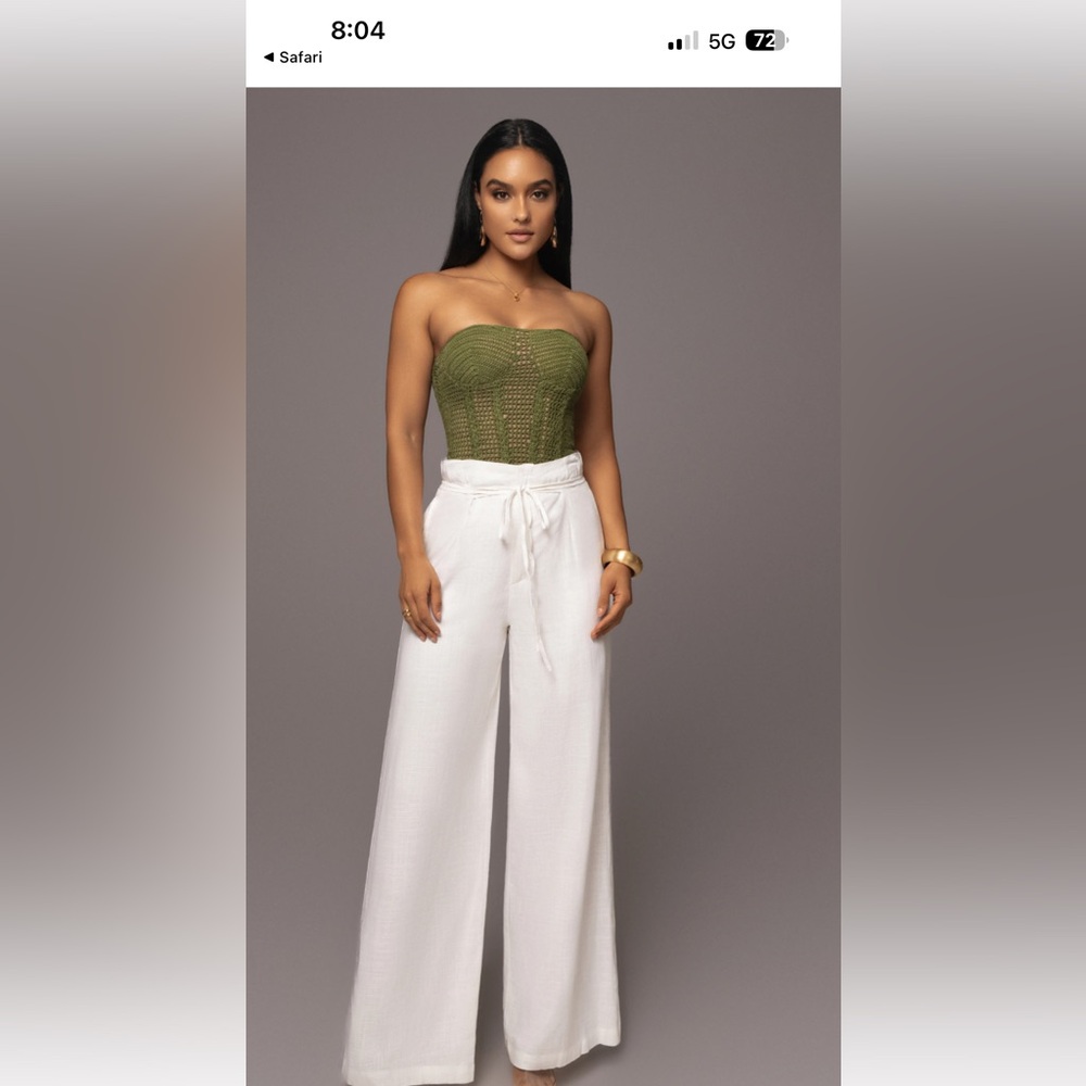 Elegant White Wide-Leg Pants Olive Strapless Green Top M